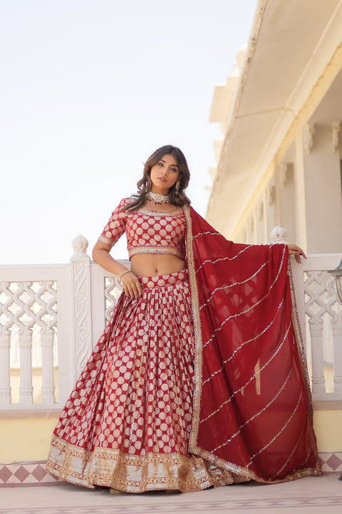 Red Desirable Women's Fully Flaired Lehenga Made With Faux Georgette Fabrics With sequins Embroidered Blouse For Women