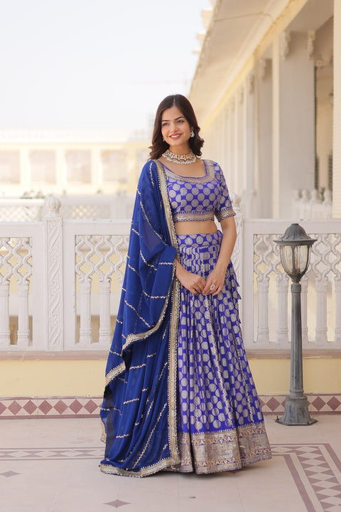 Blue Desirable Women's Fully Flaired Lehenga Made With Faux Georgette Fabrics With sequins Embroidered Blouse For Women