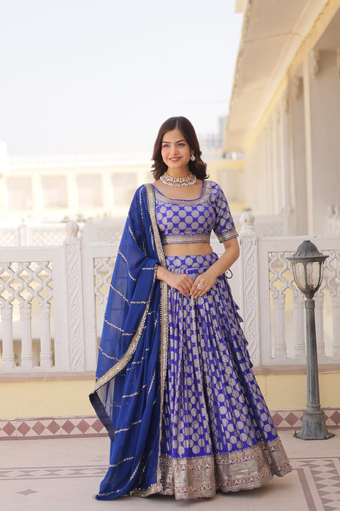 Blue Desirable Women's Fully Flaired Lehenga Made With Faux Georgette Fabrics With sequins Embroidered Blouse For Women