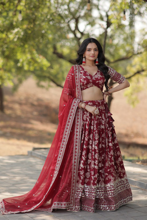 Designer Maroon Dyeable Pure Viscose Jacquard fabric Lehenga Choli & Dupatta Set For Women