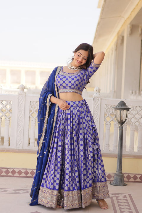 Blue Desirable Women's Fully Flaired Lehenga Made With Faux Georgette Fabrics With sequins Embroidered Blouse For Women