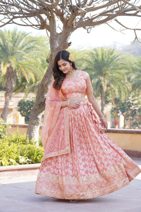 Pink Dyeable Pure Viscose Jacquard Lehenga Choli & Dupatta Set For Women