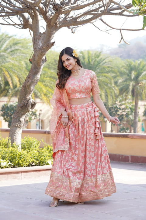 Pink Dyeable Pure Viscose Jacquard Lehenga Choli & Dupatta Set For Women