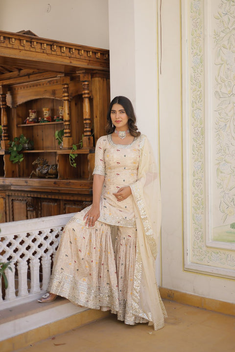 Off White Attractions with this Designer Gharara Made from Viscose Jacquard Sequins & zari Embroidered work Sharara For Woman