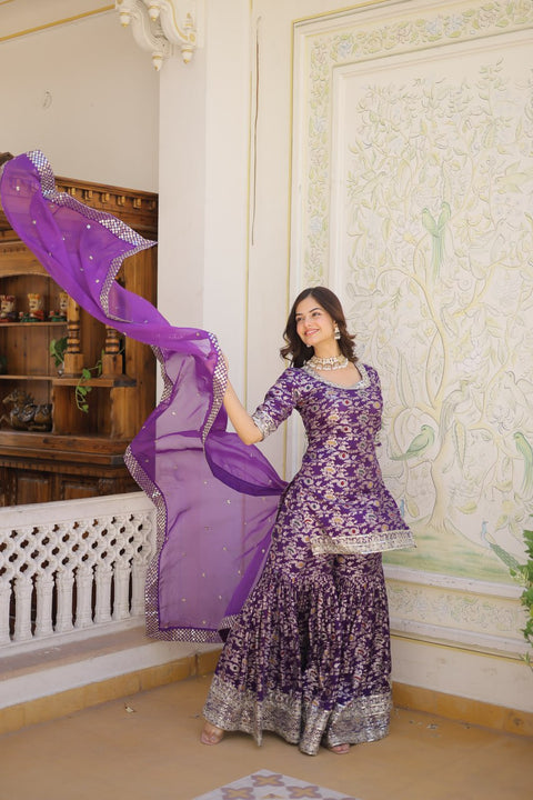 Purple Attractions with this Designer Gharara Made from Viscose Jacquard Sequins & zari Embroidered work Sharara For Woman