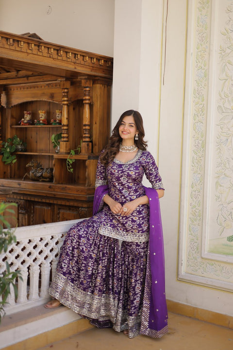 Purple Attractions with this Designer Gharara Made from Viscose Jacquard Sequins & zari Embroidered work Sharara For Woman