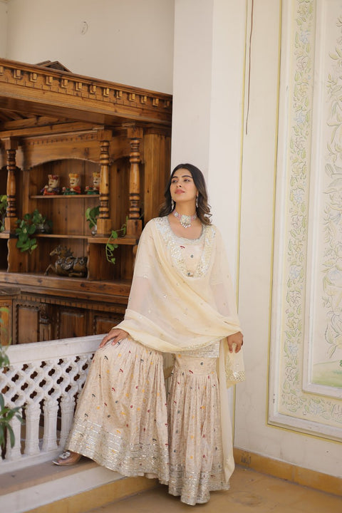 Off White Attractions with this Designer Gharara Made from Viscose Jacquard Sequins & zari Embroidered work Sharara For Woman