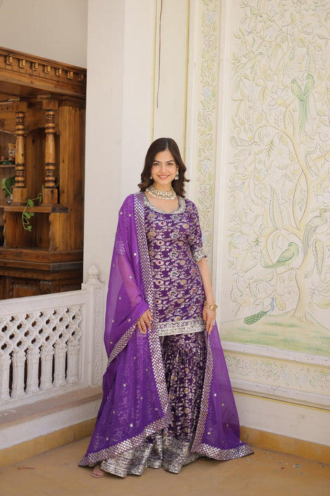 Purple Attractions with this Designer Gharara Made from Viscose Jacquard Sequins & zari Embroidered work Sharara For Woman