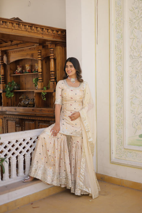 Off White Attractions with this Designer Gharara Made from Viscose Jacquard Sequins & zari Embroidered work Sharara For Woman