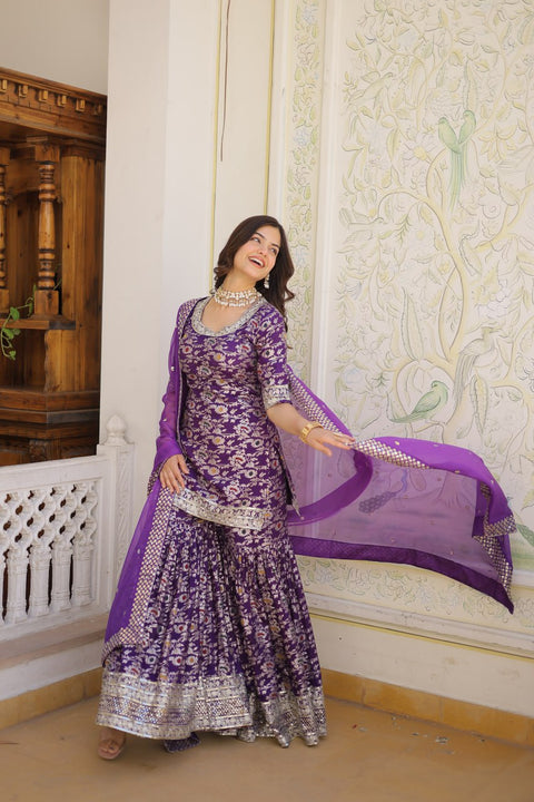 Purple Attractions with this Designer Gharara Made from Viscose Jacquard Sequins & zari Embroidered work Sharara For Woman