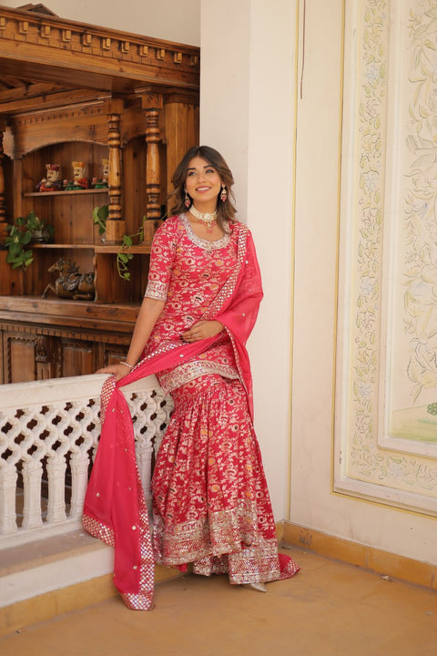 Rani Pink Attractions with this Designer Gharara Made from Viscose Jacquard Sequins & zari Embroidered work Sharara For Woman