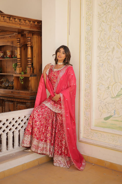 Rani Pink Attractions with this Designer Gharara Made from Viscose Jacquard Sequins & zari Embroidered work Sharara For Woman