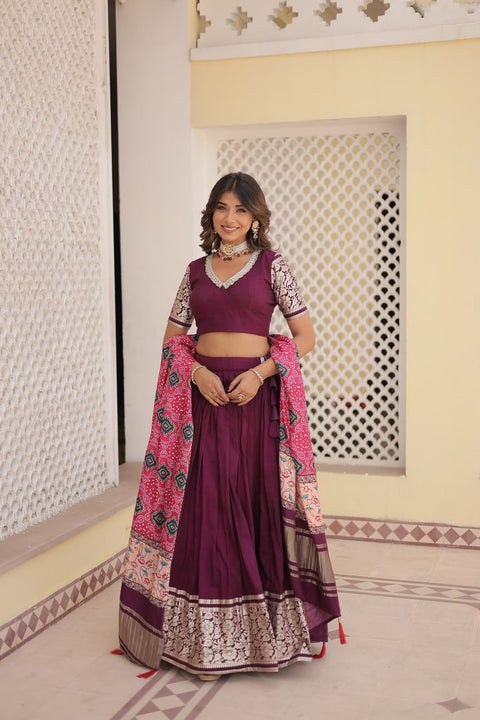 Wine allure of Trending Viscose Lehenga Choli With Gajji silk Dupatta. Discover the perfect fusion of elegance for women