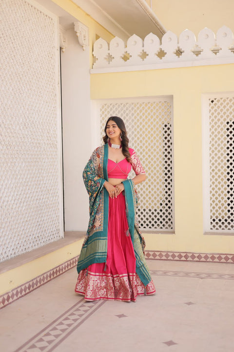 Pink allure of Trending Viscose Lehenga Choli With Gajji silk Dupatta. Discover the perfect fusion of elegance for women