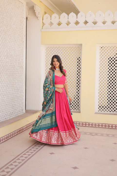 Pink allure of Trending Viscose Lehenga Choli With Gajji silk Dupatta. Discover the perfect fusion of elegance for women