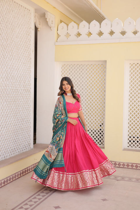 Pink allure of Trending Viscose Lehenga Choli With Gajji silk Dupatta. Discover the perfect fusion of elegance for women