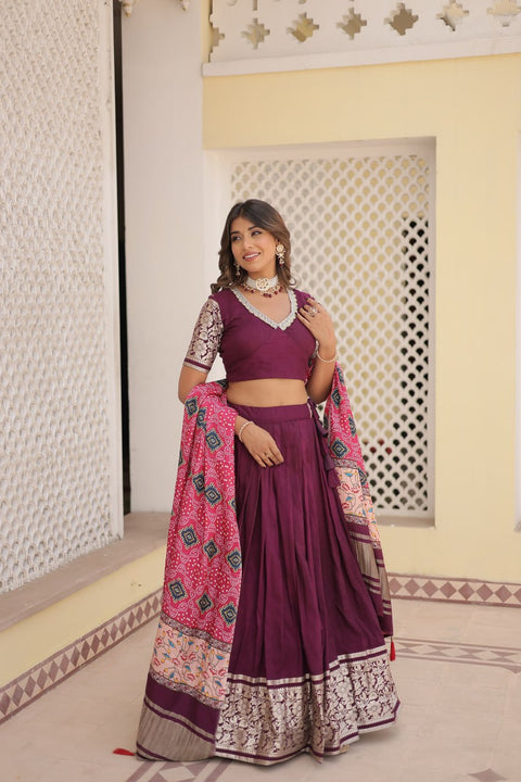 Wine allure of Trending Viscose Lehenga Choli With Gajji silk Dupatta. Discover the perfect fusion of elegance for women