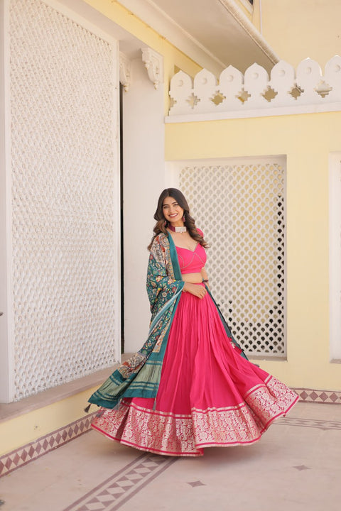 Pink allure of Trending Viscose Lehenga Choli With Gajji silk Dupatta. Discover the perfect fusion of elegance for women