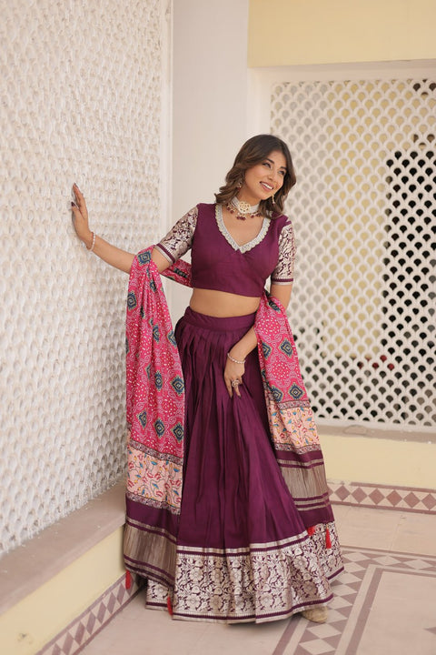 Wine allure of Trending Viscose Lehenga Choli With Gajji silk Dupatta. Discover the perfect fusion of elegance for women