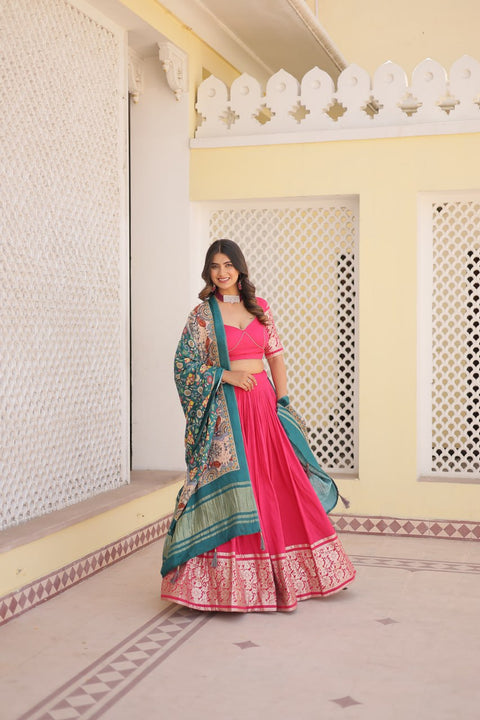 Pink allure of Trending Viscose Lehenga Choli With Gajji silk Dupatta. Discover the perfect fusion of elegance for women