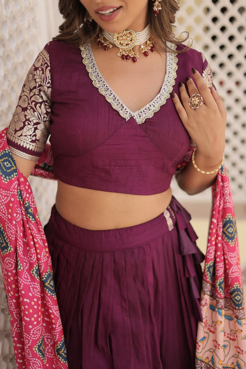 Wine allure of Trending Viscose Lehenga Choli With Gajji silk Dupatta. Discover the perfect fusion of elegance for women