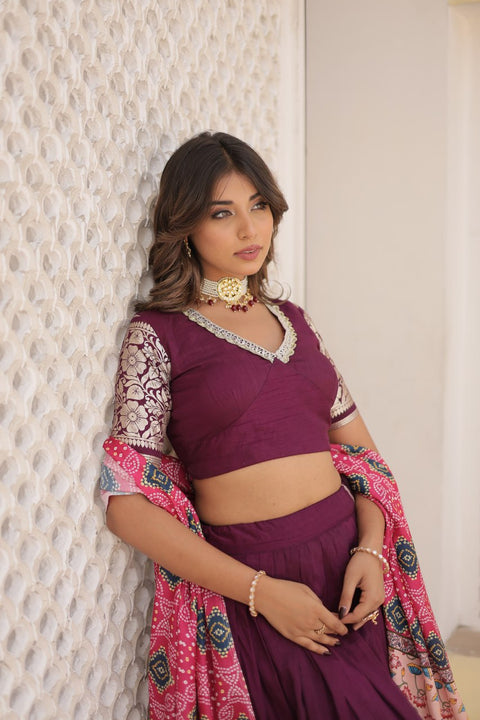 Wine allure of Trending Viscose Lehenga Choli With Gajji silk Dupatta. Discover the perfect fusion of elegance for women