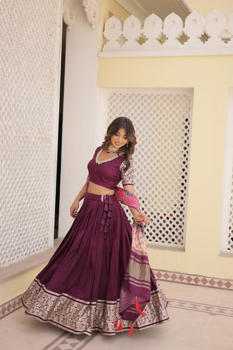 Wine allure of Trending Viscose Lehenga Choli With Gajji silk Dupatta. Discover the perfect fusion of elegance for women