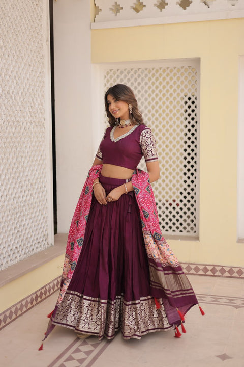 Wine allure of Trending Viscose Lehenga Choli With Gajji silk Dupatta. Discover the perfect fusion of elegance for women