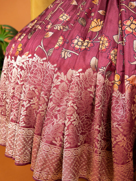 Pink Featuring a viscose saree with kalamkari print to be you’re a vision of unparalleled beauty