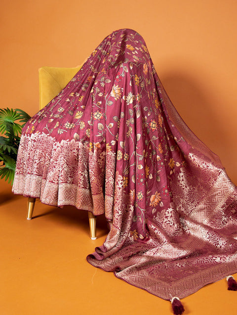 Pink Featuring a viscose saree with kalamkari print to be you’re a vision of unparalleled beauty