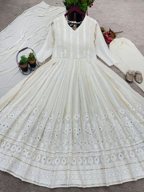 White Georgette With Heavy Embroidery And 3mm Sequence Work With Attached Pad With Full Sleeve