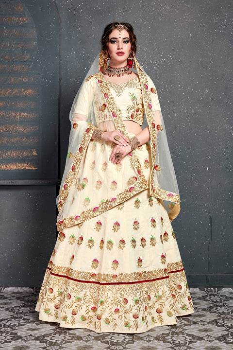 Attractive White Slub Silk lehenga choli dupatta For Women And Girls in USA