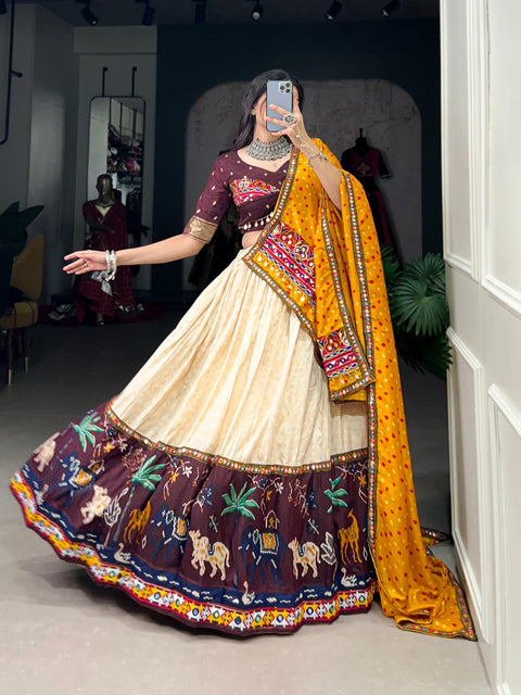 Beige gujarati collection we are presenting navratri attire of dola silk with gamthi work lehenga