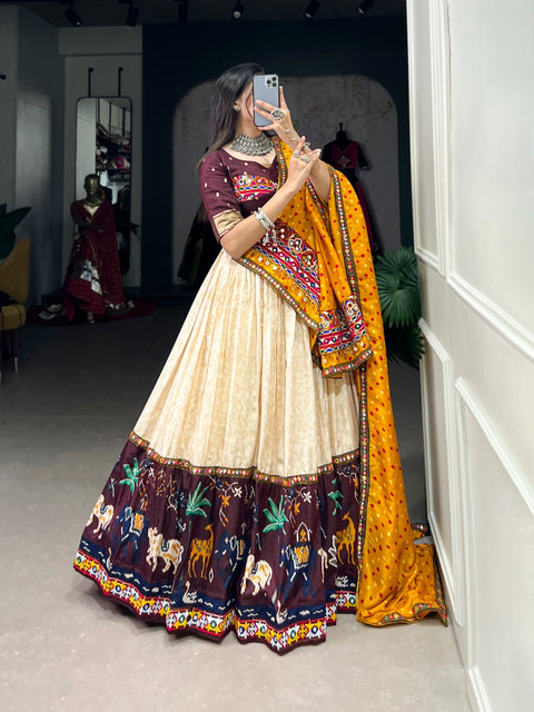 Beige gujarati collection we are presenting navratri attire of dola silk with gamthi work lehenga