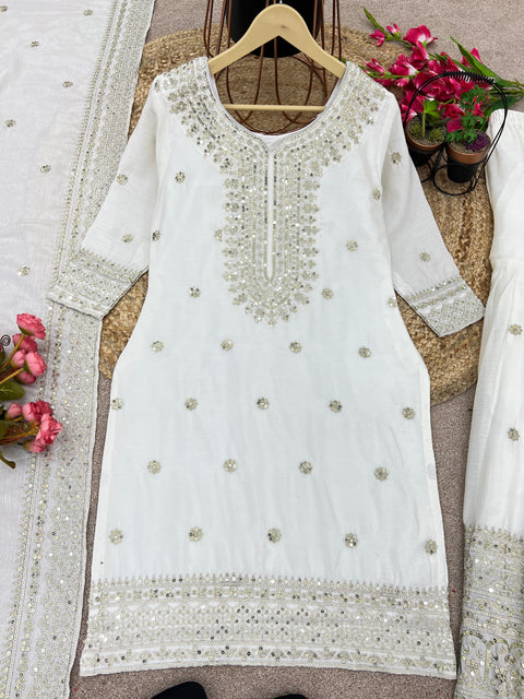 White Festival Chinnon Silk With Heavy Embroidery Sequence Work Top-Plazo And Dupatta Set For Women