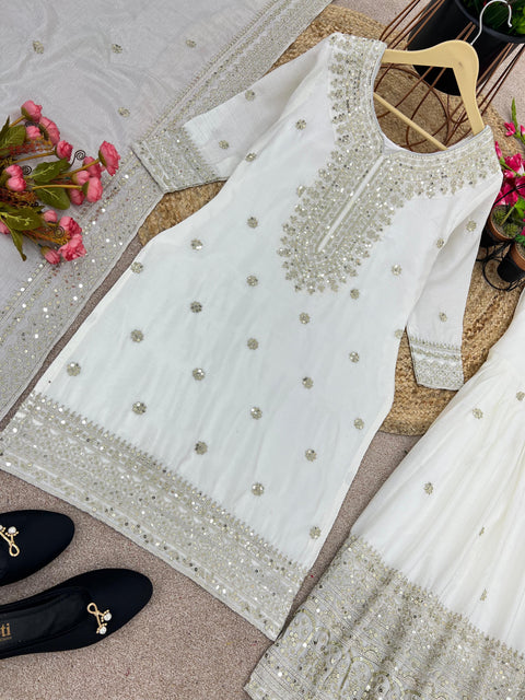 White Festival Chinnon Silk With Heavy Embroidery Sequence Work Top-Plazo And Dupatta Set For Women