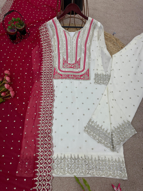 White Faux Georgette With Heavy Embroidery Sequence Work Top-Bottom And Dupatta Set Fully Stitched