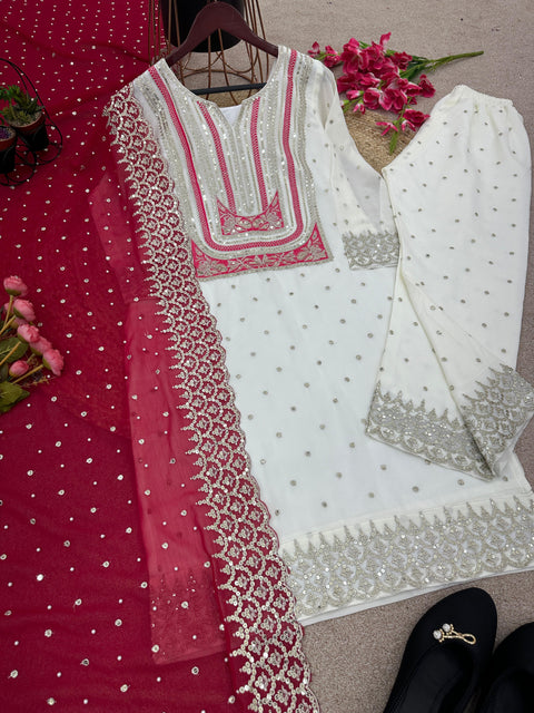 White Faux Georgette With Heavy Embroidery Sequence Work Top-Bottom And Dupatta Set Fully Stitched