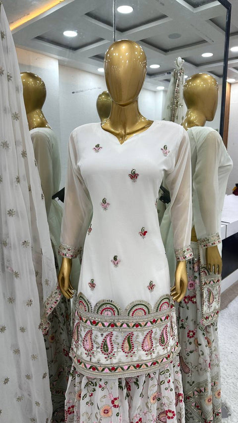 White Designer Party Wear Look Fancy Top-Dupatta and Fully Stitched Sharara For Woman