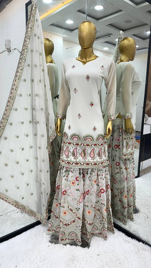 White Designer Party Wear Look Fancy Top-Dupatta and Fully Stitched Sharara For Woman