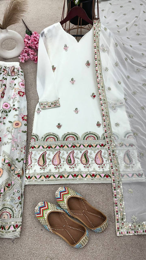 White Designer Party Wear Look Fancy Top-Dupatta and Fully Stitched Sharara For Woman