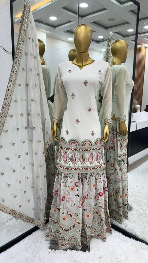 White Designer Party Wear Look Fancy Top-Dupatta and Fully Stitched Sharara For Woman