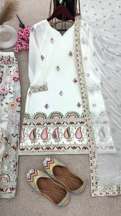 White Designer Party Wear Look Fancy Top-Dupatta and Fully Stitched Sharara For Woman