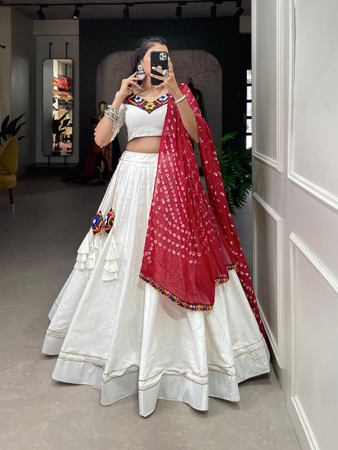 White classic lehenga choli crafted from the finest cotton, adorned with gamthi work blouse