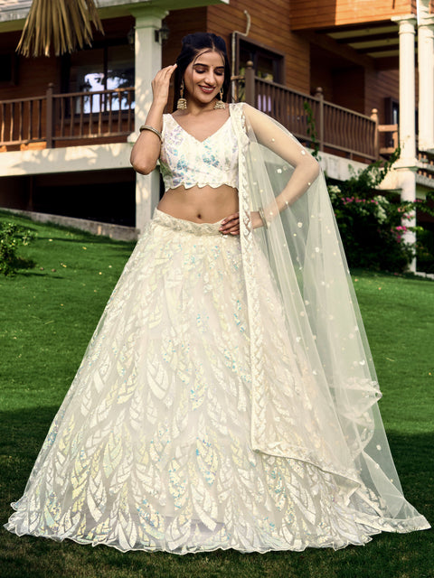 Amazing white partywear sequins lehenga choli for women usa, Indian wedding guest lehenga choli in usa, Free shipping lehenga choli - ReadyToWearshop