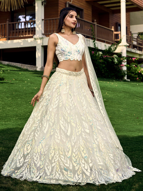 Amazing white partywear sequins lehenga choli for women usa, Indian wedding guest lehenga choli in usa, Free shipping lehenga choli - ReadyToWearshop