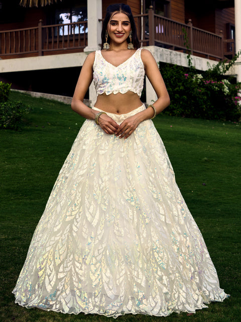 Amazing white partywear sequins lehenga choli for women usa, Indian wedding guest lehenga choli in usa, Free shipping lehenga choli - ReadyToWearshop