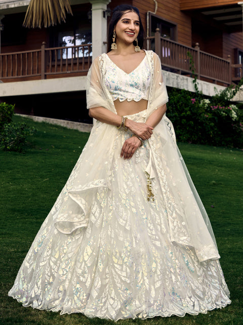 White Heavy Lehenga Choli for Women with Dupatta Sequence Lehenga Choli In USA