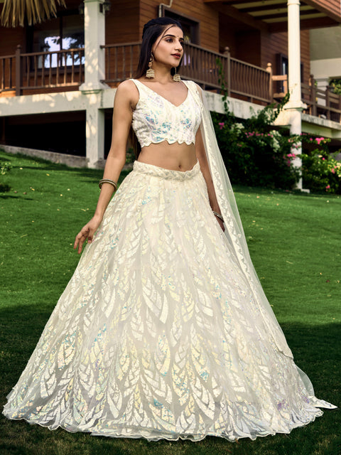 White Heavy Lehenga Choli for Women with Dupatta Sequence Lehenga Choli In USA