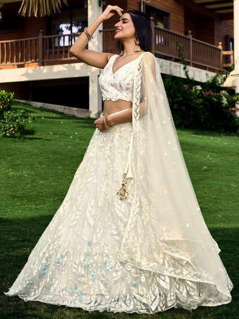 White Heavy Lehenga Choli for Women with Dupatta Sequence Lehenga Choli In USA